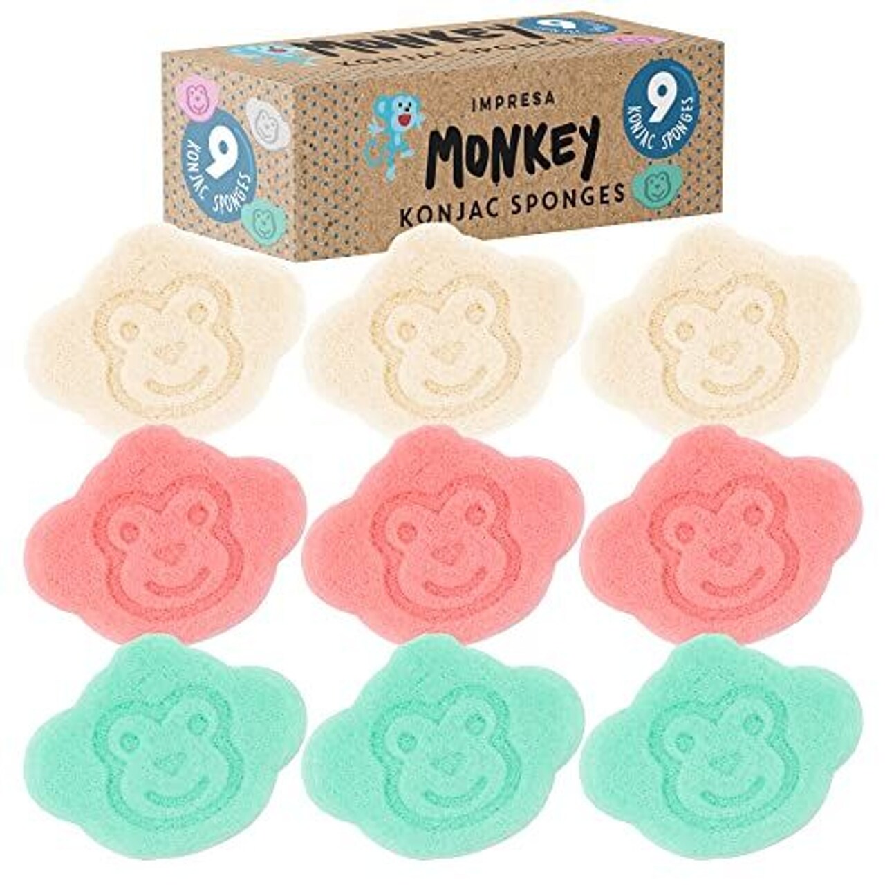 Impresa Konjac Baby Bath Sponge Set - Gentle Hypoallergenic Baby Sponge for Bathing - Fun Monkey Face Konjac Bath Toy - Bulk Wash Puffs with Hanging Strings - Pack of 9, Pink, Green, White